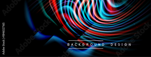 Abstract flowing lines create vibrant, dynamic visual. Dark background emphasizes bright colors, modern design elements.