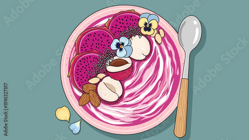 Bowl of Pink Yogurt with Fruits and Nuts.