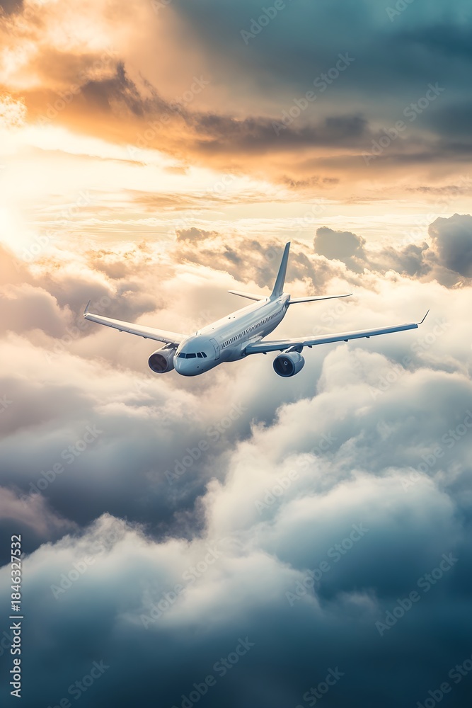 Obraz premium White commercial jetliner flies through dramatic sunset clouds