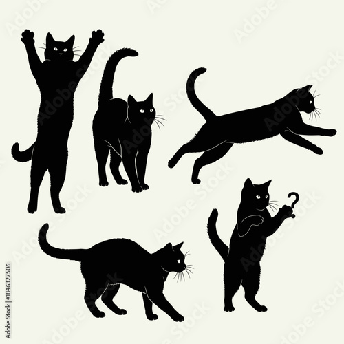 Silhouette of Black Cats in Various Poses on White Background.