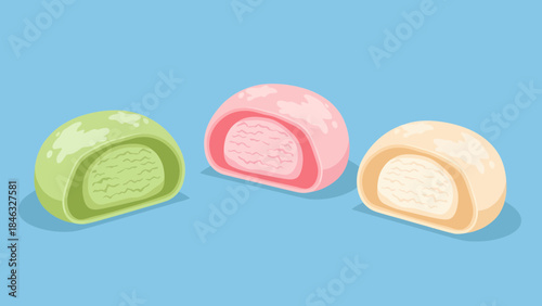 Colorful Mochi Desserts on Blue Background.