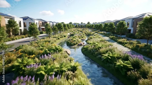 Modern suburban street view, green spaces and eco-friendly houses.