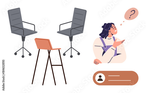 Thinking woman pondering options near two office chairs and a tall stool with profile login elements. Ideal for decision-making, hiring, recruitment, problem-solving, career planning, human