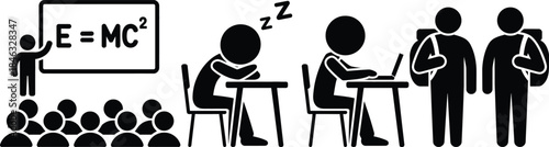 A comprehensive stick figure illustration of various aspects of student life and school activities