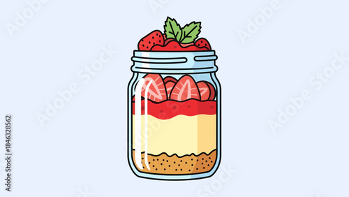 Layered Strawberry Dessert in Mason Jar.