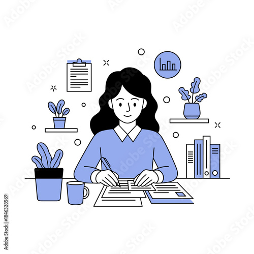 Female adult working at desk with documents and plants in minimalist office setting