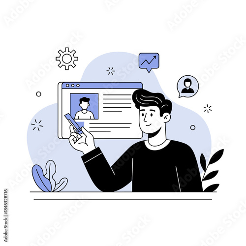 Illustration of young caucasian male designing user interface on computer with growth chart