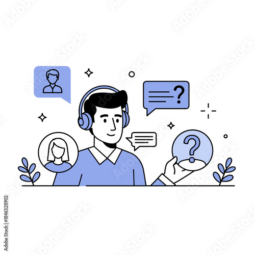 Caucasian male adult customer support agent with headphones offering assistance