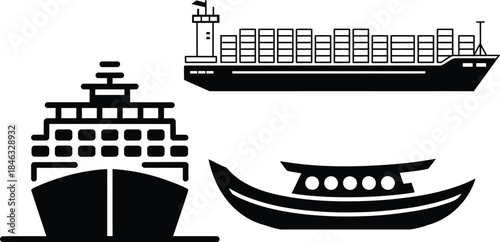 A collection of different types of boats and ships icons for water transportation