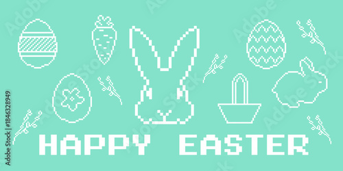  Easter pixel art with bunny silhouette, decorated eggs, basket, carrot and spring branches. Retro 8-bit holiday design on soft mint blue background with clean white icons. Delicate cute design