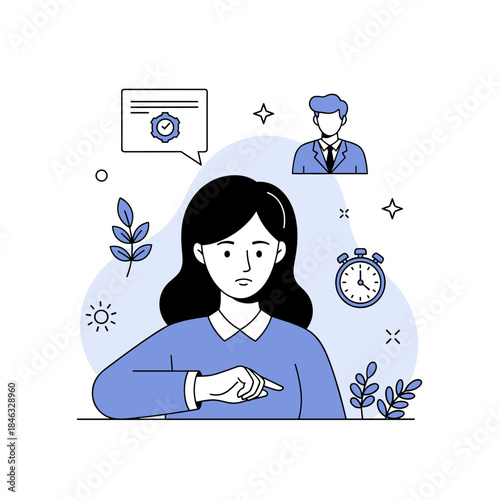 Female cartoon character studying with timer and mentor illustration