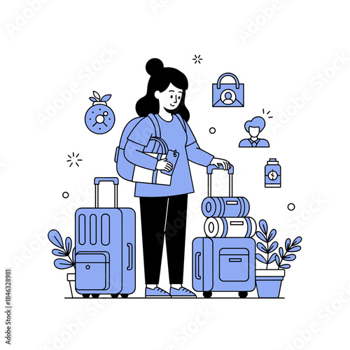 Female traveler with luggage and travel icons: asian young adult preparing for journey