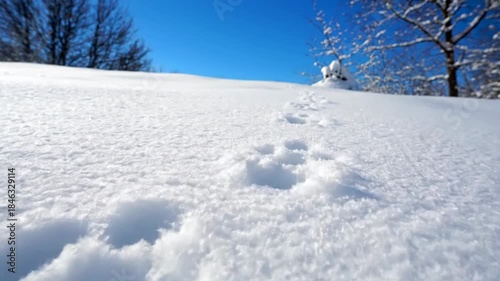 Animal tracks in snow under a bright blue winter sky, landscape