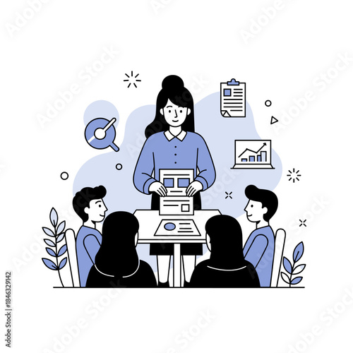 Female leader presenting to diverse team in business meeting with charts and diagrams