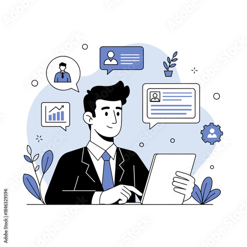 Young caucasian male professional analyzing data on tablet in office with infographic icons