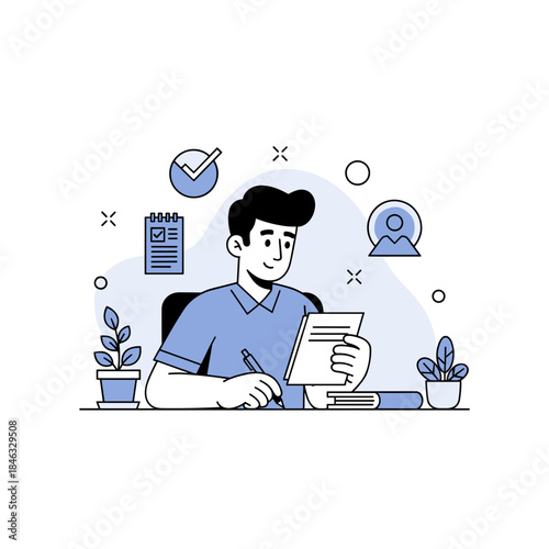 Male adult working at desk with laptop and papers in office illustration