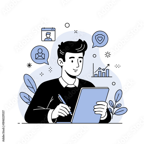 Young caucasian male working on tablet amidst digital elements and graphs