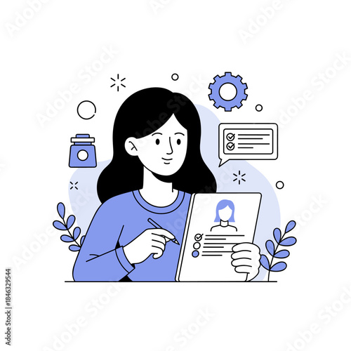 Young asian female reviewing resume with analytical icons and decorations