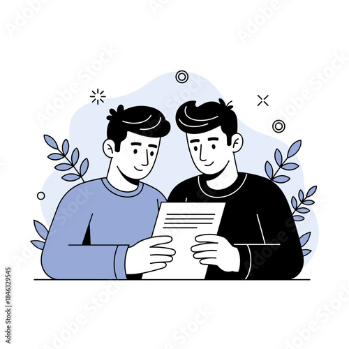 Illustrated male characters reading document together with plant background