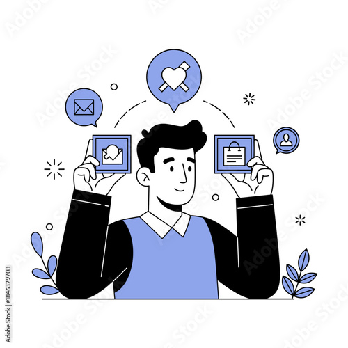 Young caucasian male engaged in digital communication with security and privacy icons