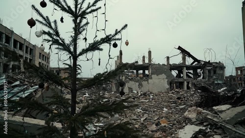 Decorated fir tree standing in the ruins of a destroyed building