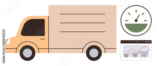 Delivery truck alongside speed measurement and sales analytics indicators for tracking logistics, supply chain, shipping efficiency, e-commerce growth, time management, business strategy. Simple flat