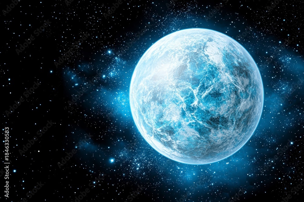 Obraz premium Ethereal Blue Glowing Planet in Dark Starry Space Galaxy Full Spherical View