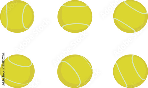 Tennis ball set, classic yellow sports equipment, various angles, flat vector illustration