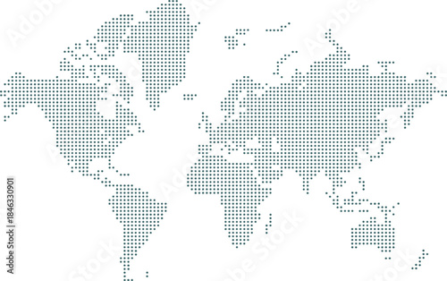 World map in dotted square pixel pattern, global data grid visualization, digital travel concept background