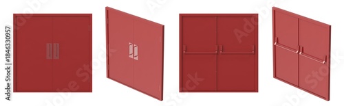 Fotografía Set of four red double doors with push bars and handles, shown from different an