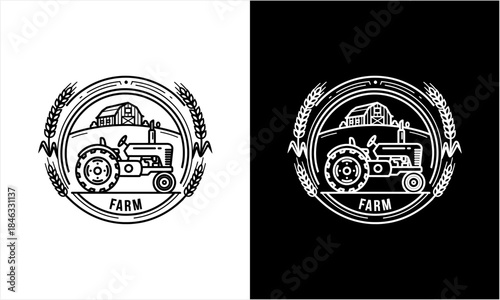Vintage Farm Tractor and Barn Logo Design with Wheat Wreath.