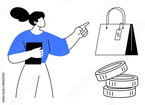 E-commerce, online shopping, retail discounts, financial planning, sales promotions, consumer behavior. Woman holding a tablet and pointing at a shopping bag with coins. E-commerce and online
