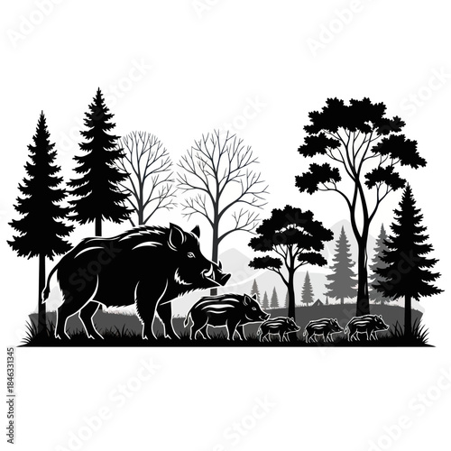 Boar Family Silhouette A Wild Pig and Piglets in Nature.