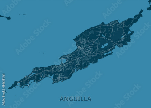 Map of Anguilla Island is displayed against a teal background. The island's shape is clearly defined, with intricate details showing roads and geographical features.
