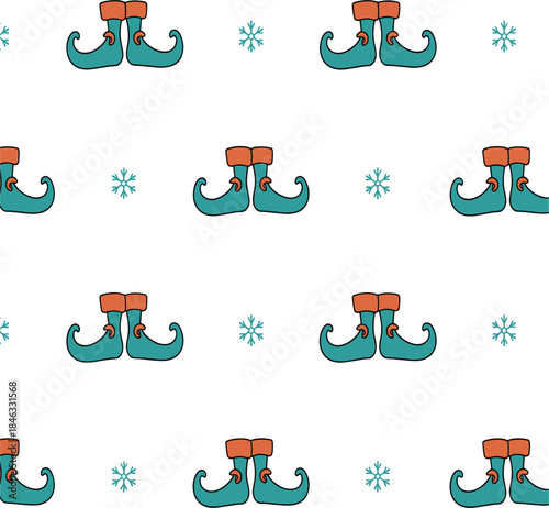 Cute Christmas elf shoes seamless pattern, Santa helper boots, festive winter holiday background, digital textile design