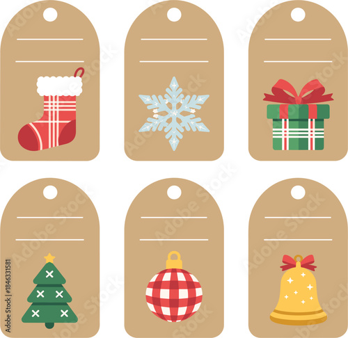 Christmas holiday gift tags set, kraft paper label with stocking, snowflake, ornament, tree, bell
