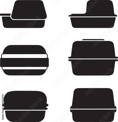 Collection of silhouette icons representing food containers and takeout boxes, perfect for graphic design projects and food service branding