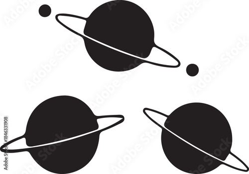 Stylized Saturn planet icons with rings and moons, vector illustration set on a clean background