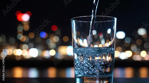 Empty glass with blurred city lights reflection in background