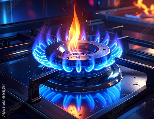 Wallpaper Mural Close-up of a kitchen stovetop burner with bright blue flames Torontodigital.ca