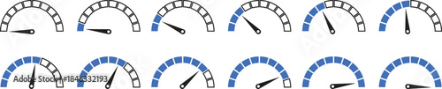 Speed Meter Icon set. Speed indicator sign. Performance concept. Fast speed sign. Vector level of performance. Speed dial indicator. Infographic of risk, gauge, score progress.