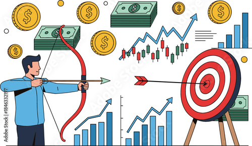 A focused businessman aiming an arrow at a target, symbolizing precise financial goals, successful marketing campaigns, and achieving ambitious business targets.