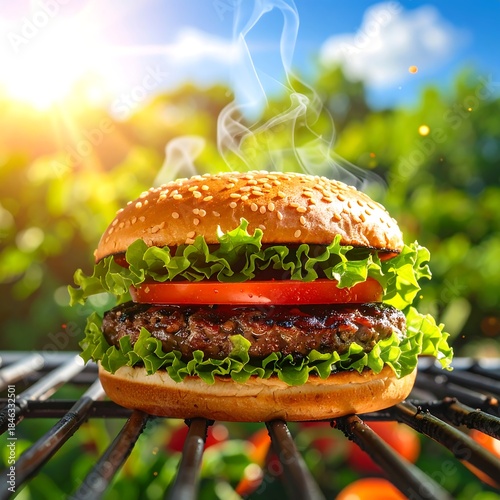 Wallpaper Mural Close-up of a juicy hamburger with smoke, outdoors, and natural sunlight Torontodigital.ca