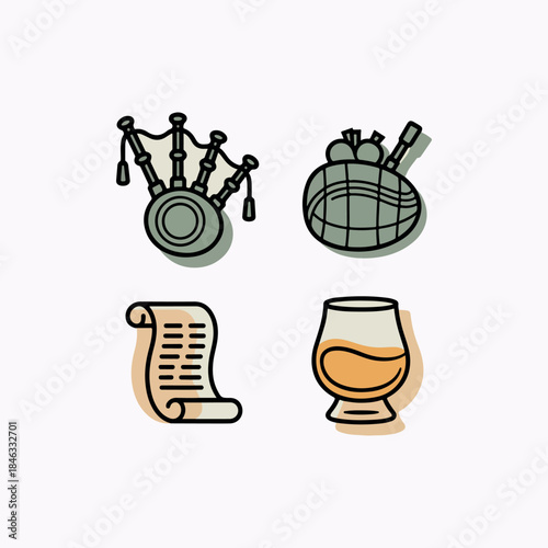 Burns Night Duo-Tone Safari Icon Set – Bagpipes, Haggis & Whisky Symbols