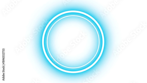 Glowing blue neon circle frame with a bright radiant effect on a pristine white background