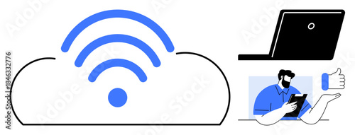 Cloud computing, digital workspace, remote management, online approval, internet access, and user interaction. Cloud icon with a wireless signal, laptop and person holding a tablet. Cloud computing