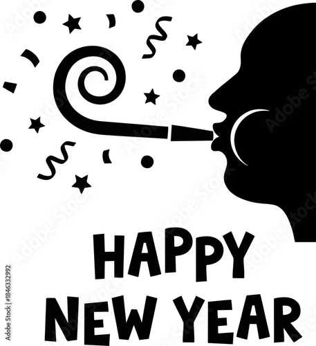 Person Blowing Party Horn Silhouette. New Year 2026 Festive Celebration Vector Illustration Isolated on White