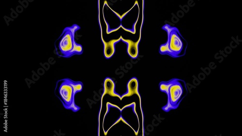 Colorful abstract art presentation, gallery projection showcasing vibrant purple and yellow ink patterns, exhibition piece featuring intricate marbled motifs and ornate patterns in ink