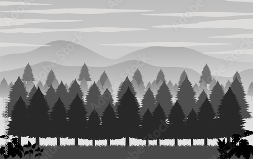 Silhouette of isolated mountains and forests against a white background, suitable for use as a background. Design Illustration