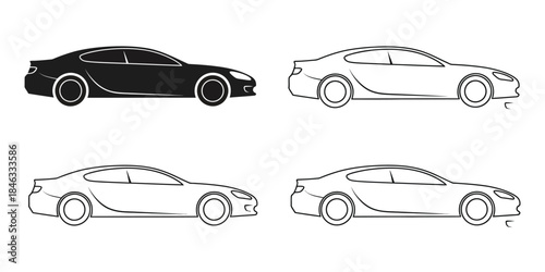 Variations of a sports car in different illustration styles